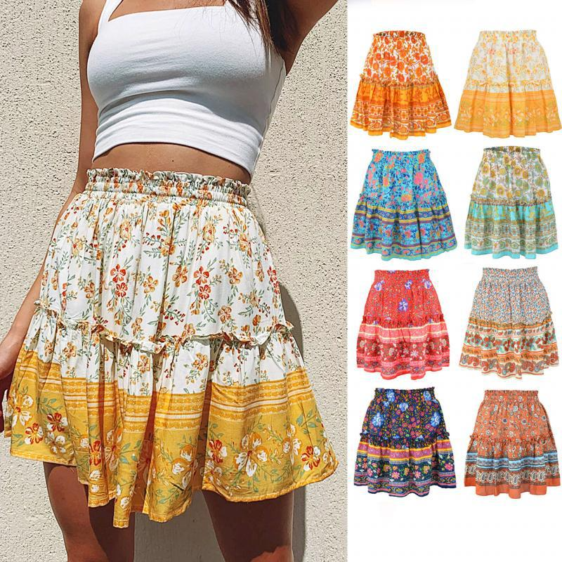 Ethnic Women Elastic Waist Floral Ruffle Pleated Printed Mini Short Skirts