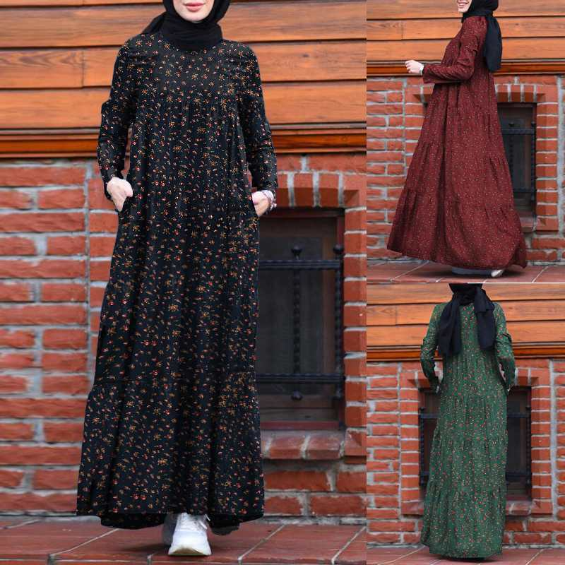 Women Vintage Plaid round Neck Kaftan Casual Long Sleeve Maxi Dresses with Pocket