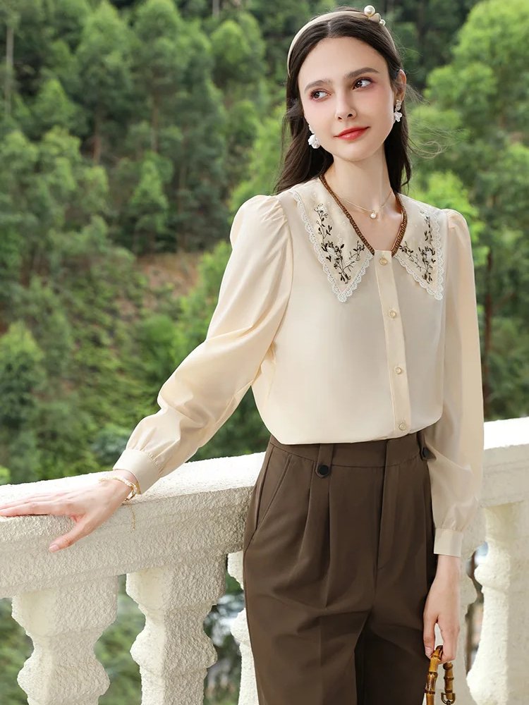 Elegant Autumn Embroidered Lapel Puff Sleeve Blouse