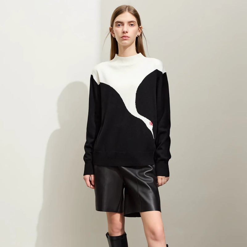 Mock Neck Crane Jacquard Loose Sweater