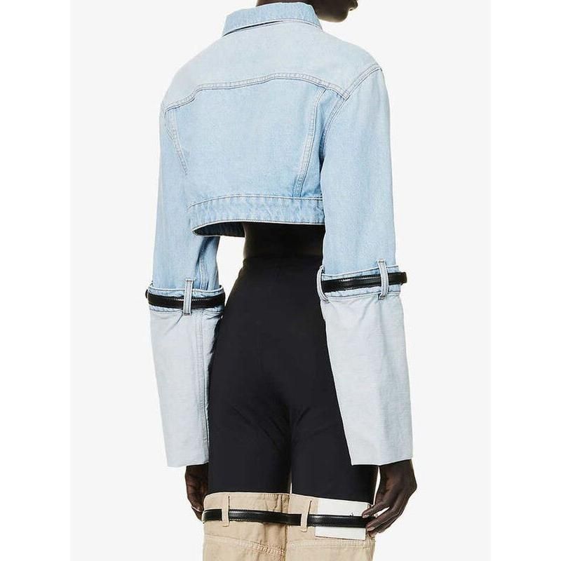 Chic Short Denim Jacket with Belt and Spliced Sleeves for Women