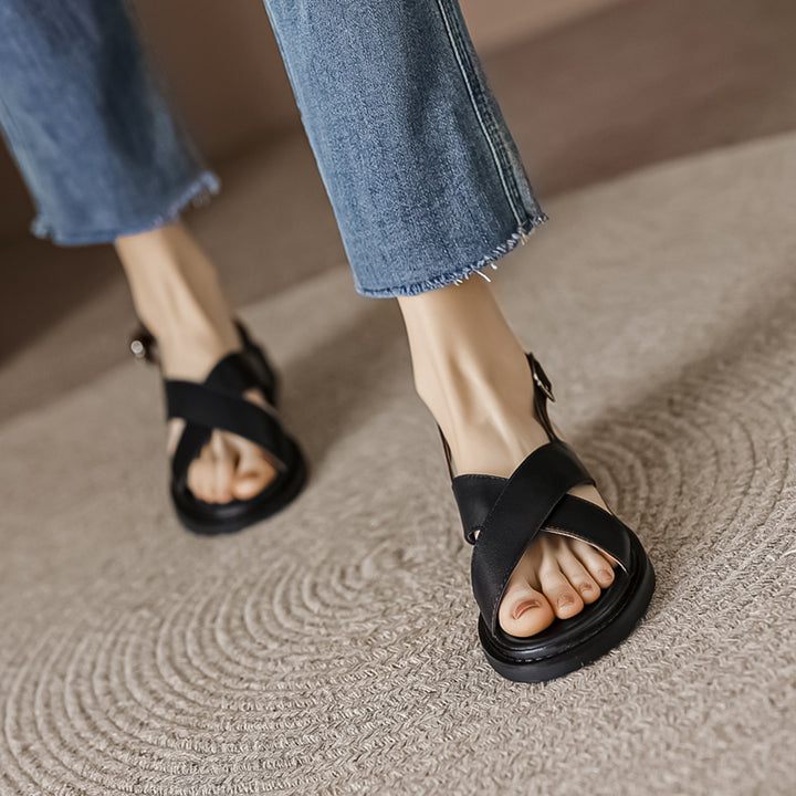 Low Heel Open Toe Leather Gladiator Sandals for Women