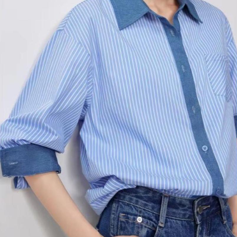 Autumn Striped Patchwork Denim Blouse Shirt