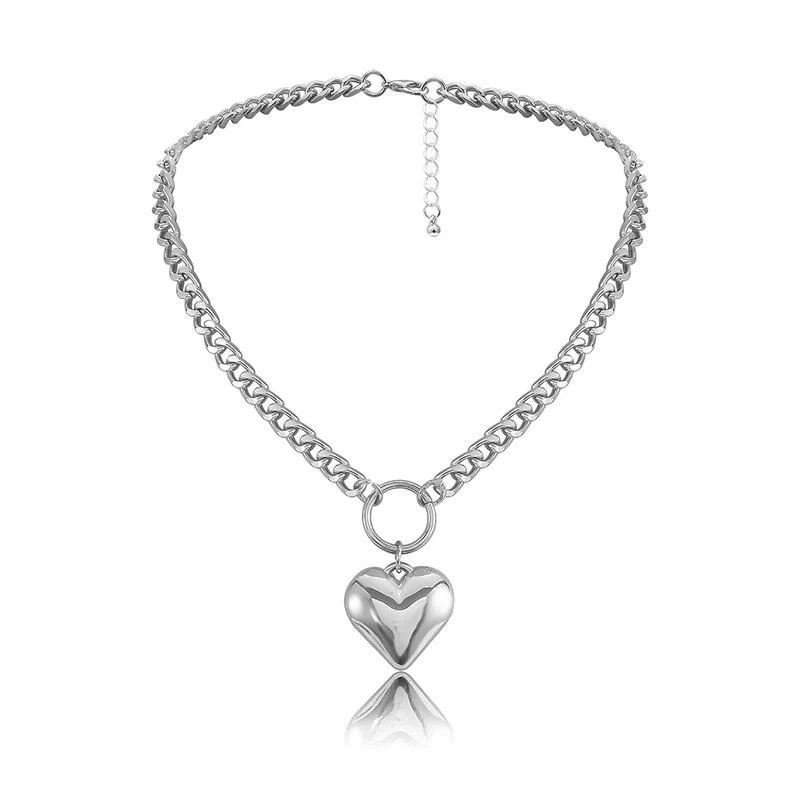 Heart Pendant Punk Choker - Fashion Metal Link Chain Necklace for Women