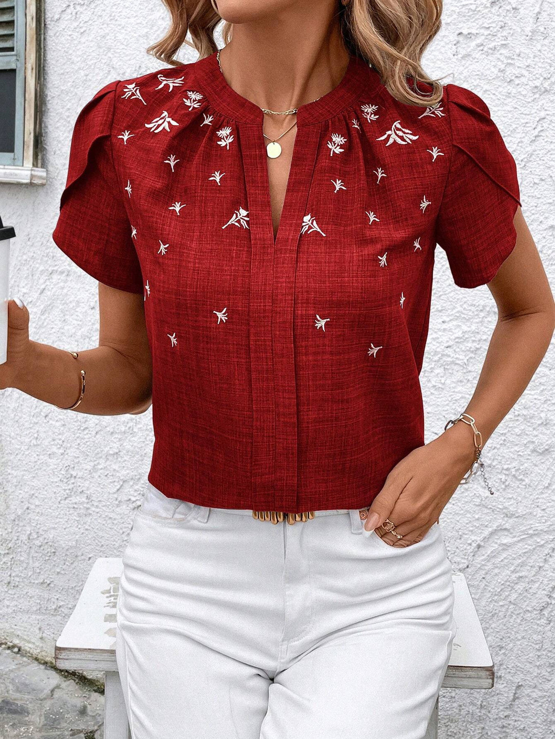 Half-open Collar Short Sleeve Shoulder Creasing Printed Shirt Women's Blouse