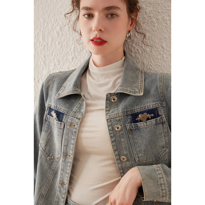 Spring Retro Washed Denim Jacket with Turn Down Collar