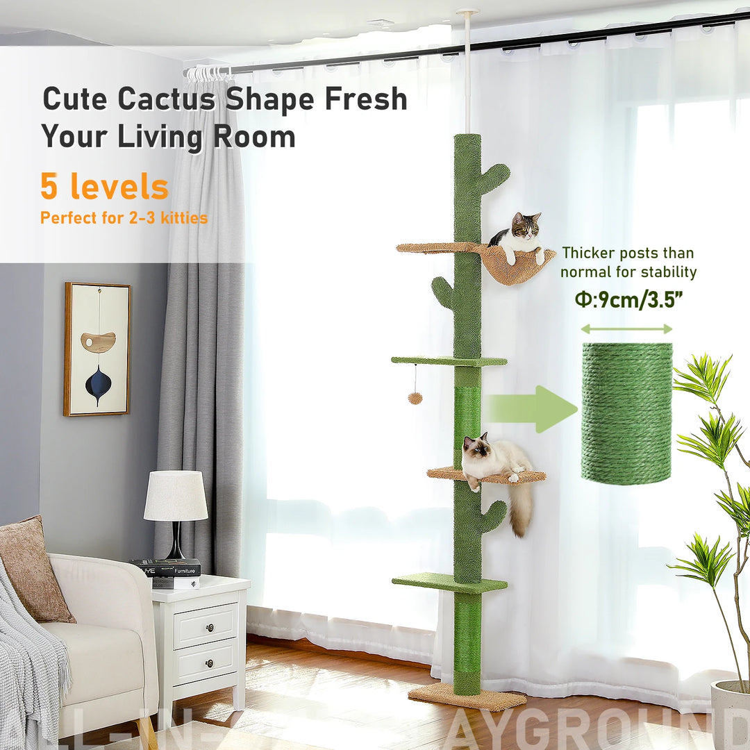 5-Tier Adjustable Floor-to-Ceiling Cat Tree Tower with Cactus Design, Hammock, and Scratching Post