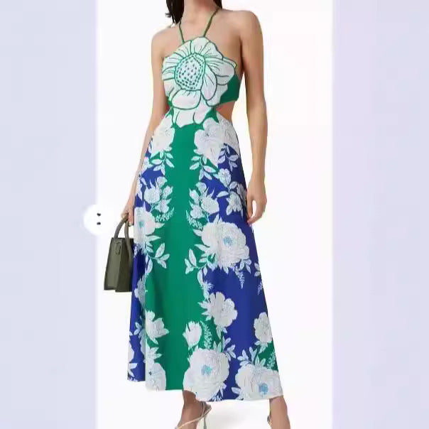 Women's Floral Print Lace-up Cutout Long Dress