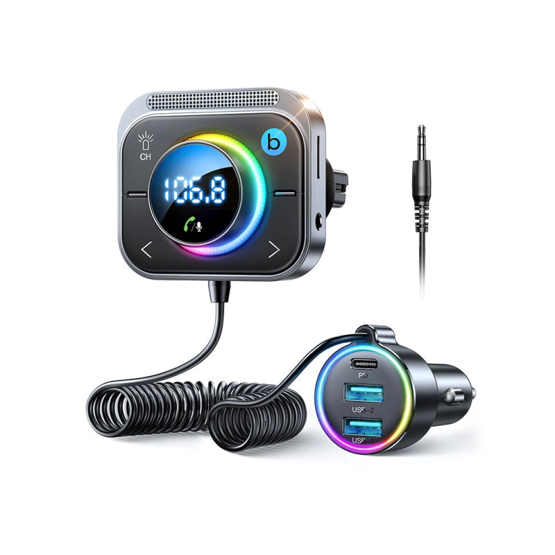 Bluetooth 5.3 FM Transmitter with AUX, Bass Boost, and Fast Charging Ports