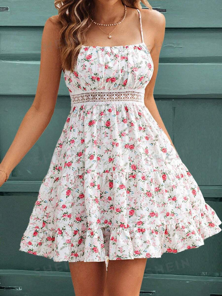 Waist Lace Edge Adjustable Shoulder Strap Floral Print Short Dress