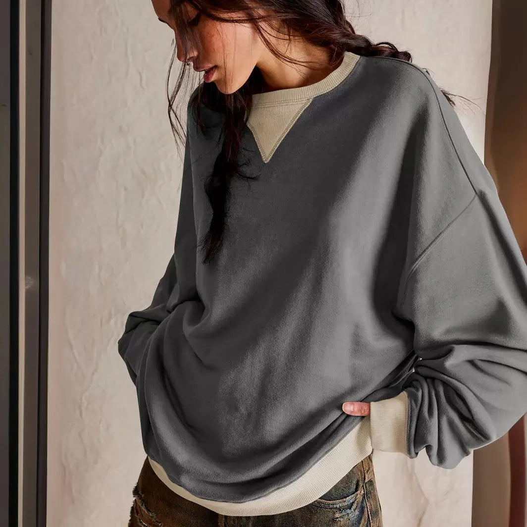 Cozy Patchwork Long-Sleeve Pullover for Women - Loose Knit Autumn Sweater