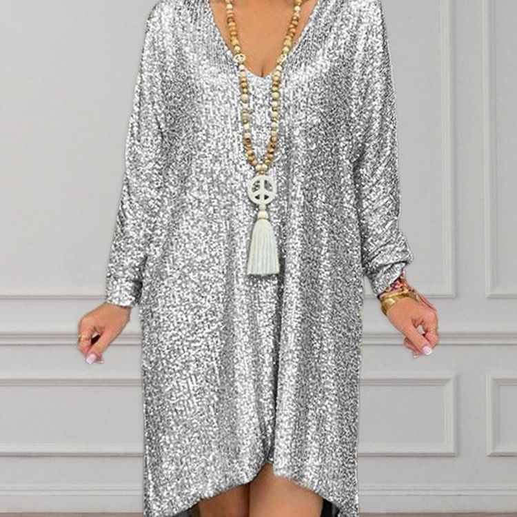 Casual Solid Color Loose Pullover Sequined Shirt V-neck Long Dress