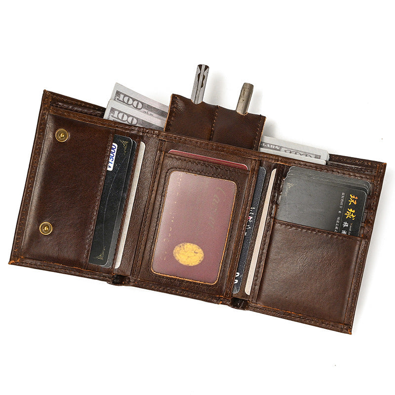 RFID Genuine Leather Small Wallet Men's Three Fold Multiple Card Slots With Iron Chain