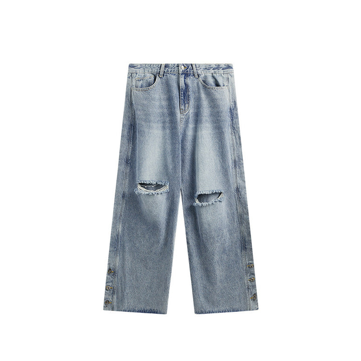 Retro Style Personality Men's Wear Ripped Washed Wide-leg Jeans