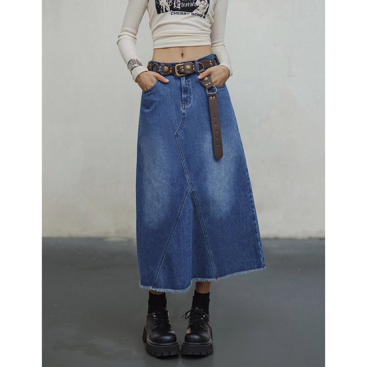 Vintage Washed Asymmetrical Denim A-line Skirt for Women