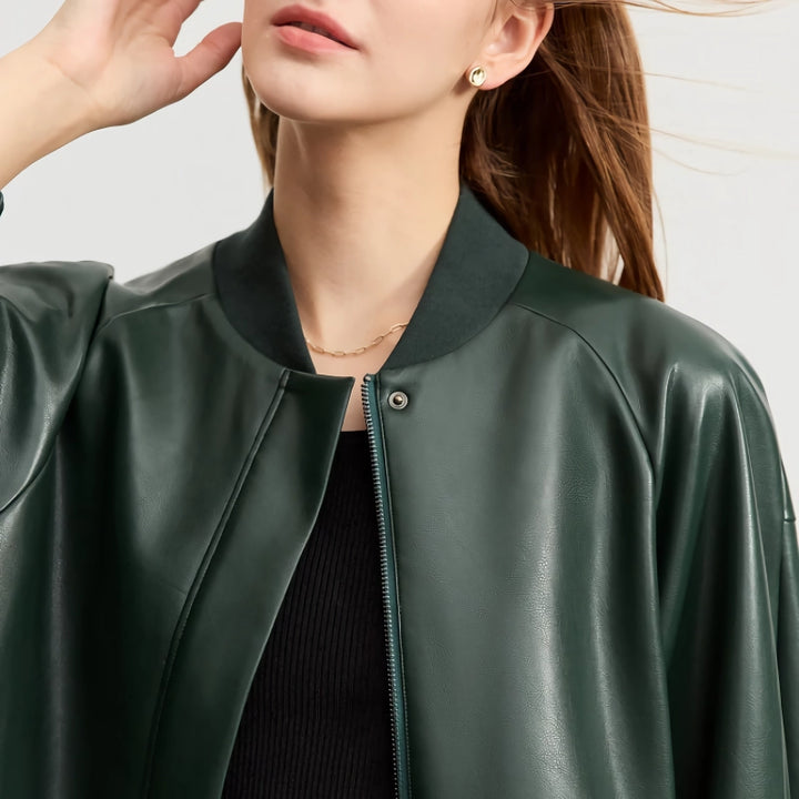 Sporty Baseball Collar Leather Jacket