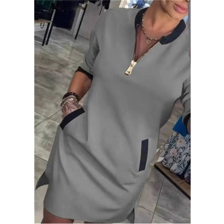 Women's Midi Dress Round Neck Zipper Pocket