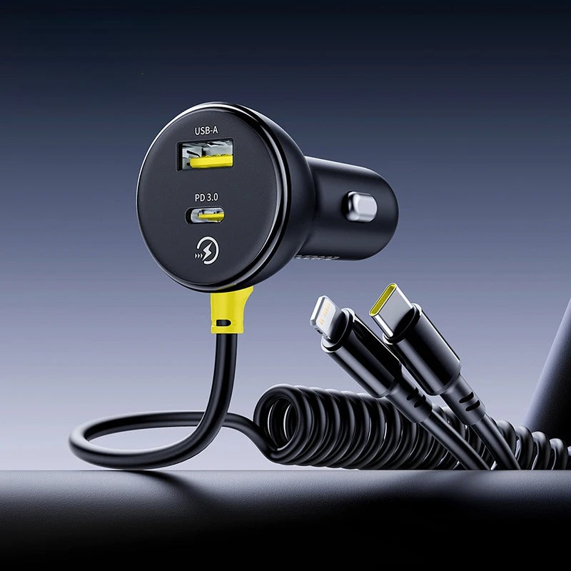 60W Car Charger with Retractable Spring Cable