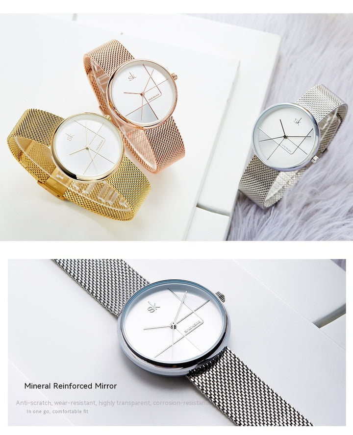 Women's Fashion Simple Geometric Quartz Watch Mesh Strap Watch