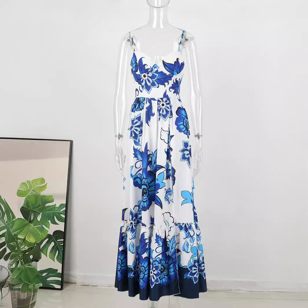 Fashion Blue Printed Sling Long Women's Dress