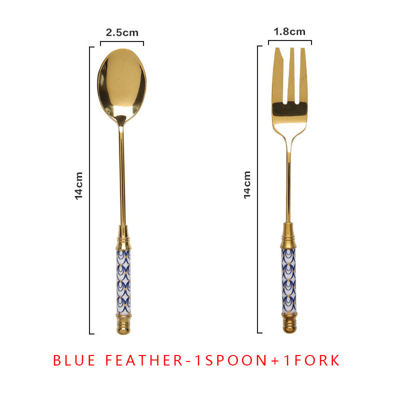 Elegant Vintage Gold and Ceramic Coffee Dessert Fork and Spoon Set