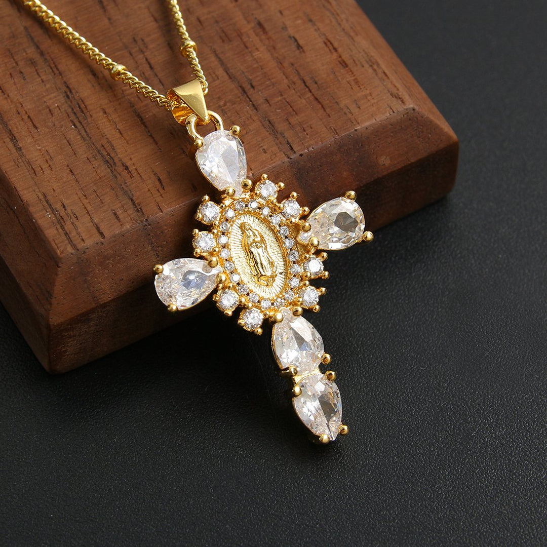 Luxury Rhinestone Virgin Mary Cross Pendant Necklace