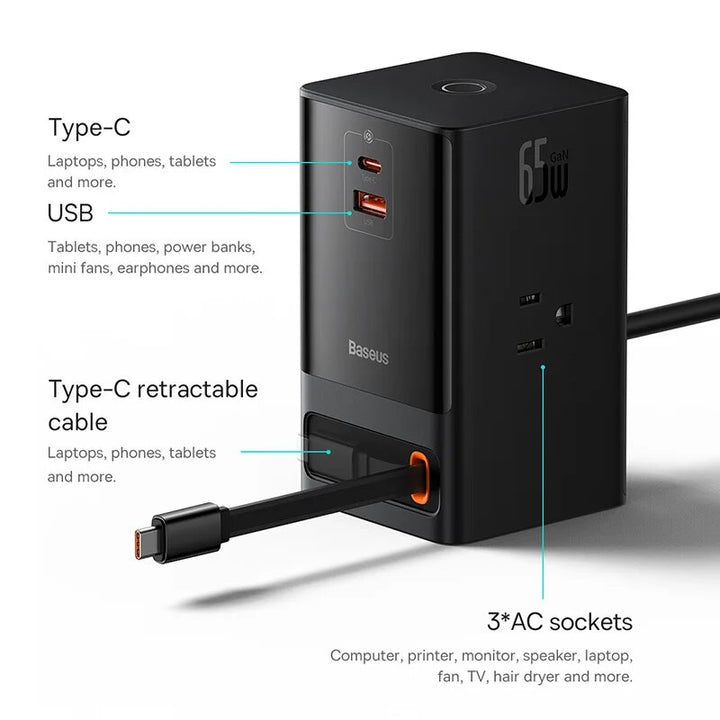 65W GaN Fast Charger with Digital Desktop Power Strip & Smart Control