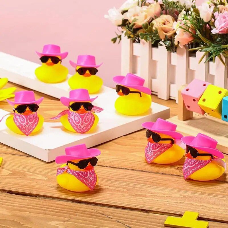 Mini Rubber Duck Car Ornaments Dashboard Interior Decor Cowboy Hat Duck With Scarf Sunglasses Kids Toys Gifts Car Accessories
