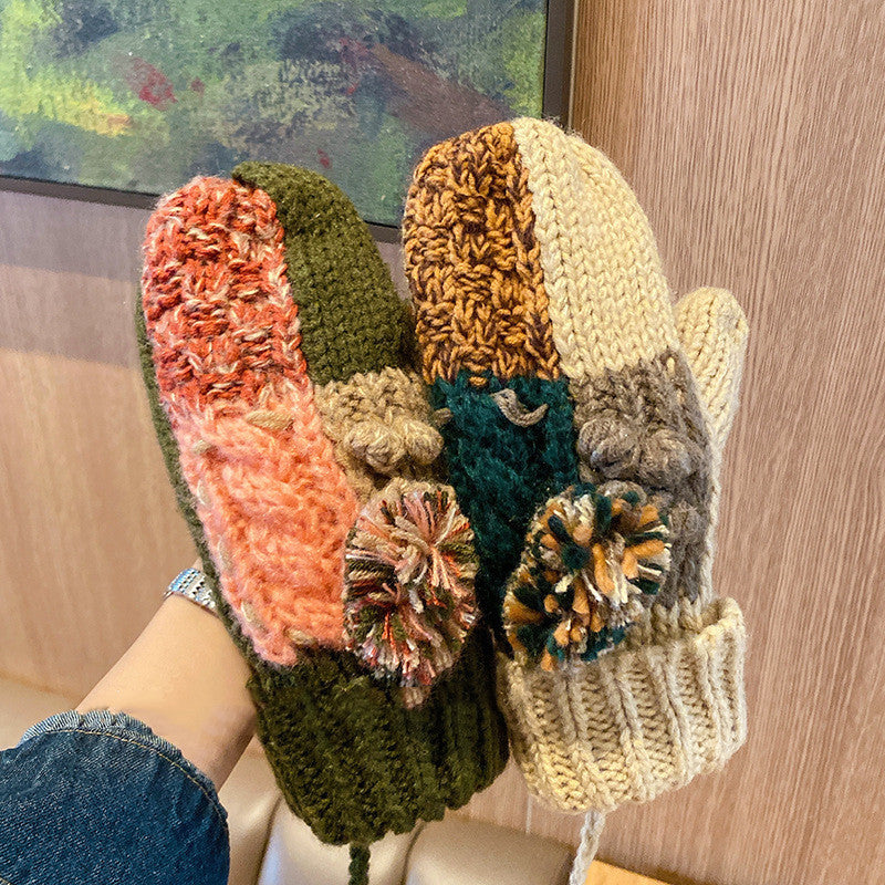 Korean Version Thickened Fleece Warm And Cold-proof Wool Knitted Mittens