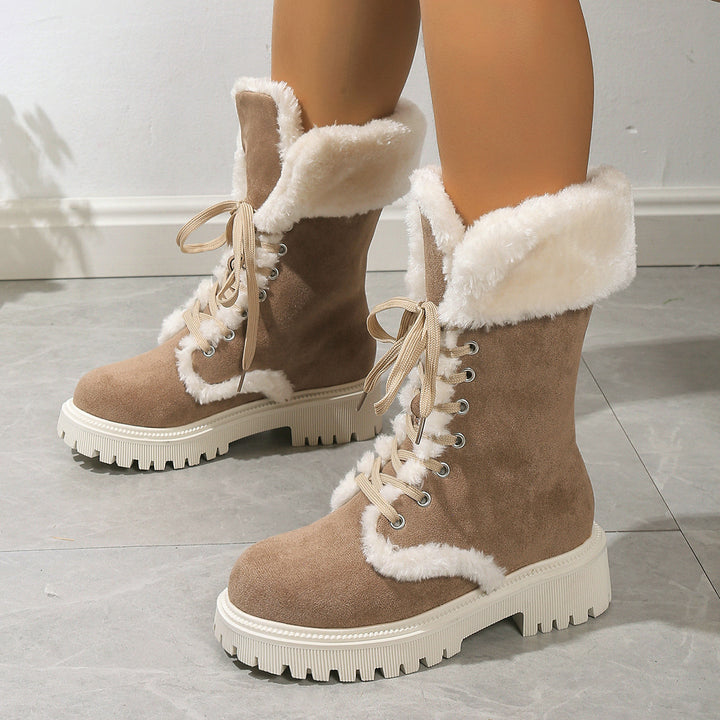 Winter Lace-up Snow Boots For Women Mid-tube Fleece Shoes Warm Chunky Heels Plush Boot