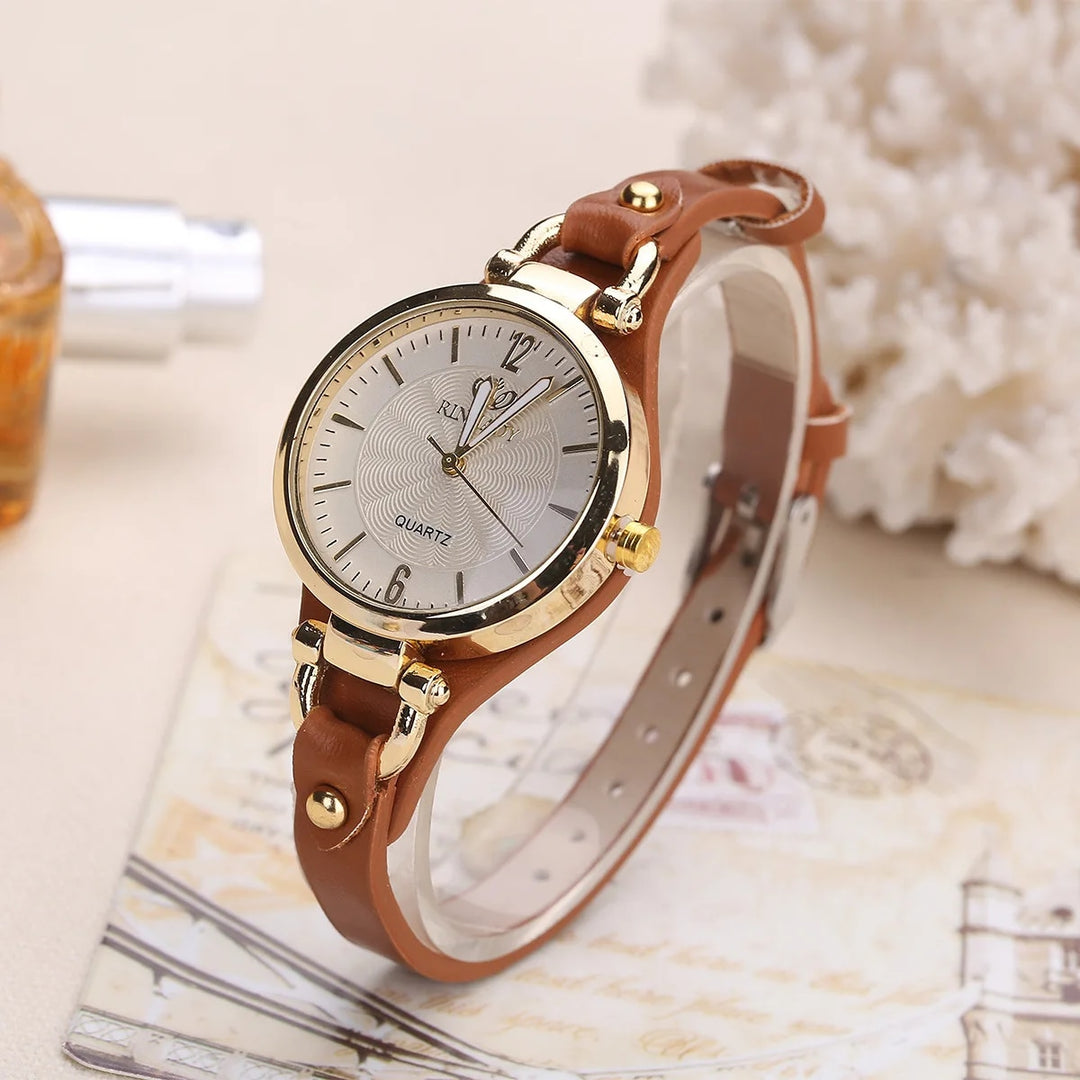 Elegant Leather Strap Quartz Women's Watch - Casual Chic Wristwatch for Everyday Elegance