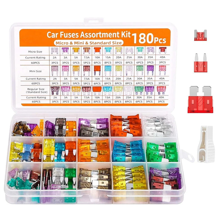 180-Piece Mixed Automotive Fuse Kit – Micro, Mini & Standard Blade Fuses