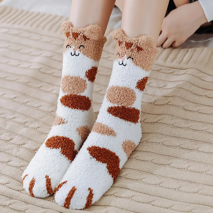 Cute Cartoon Kitten Fleece Warm Indoor Floor Socks - Kawaii Cat Claw Design