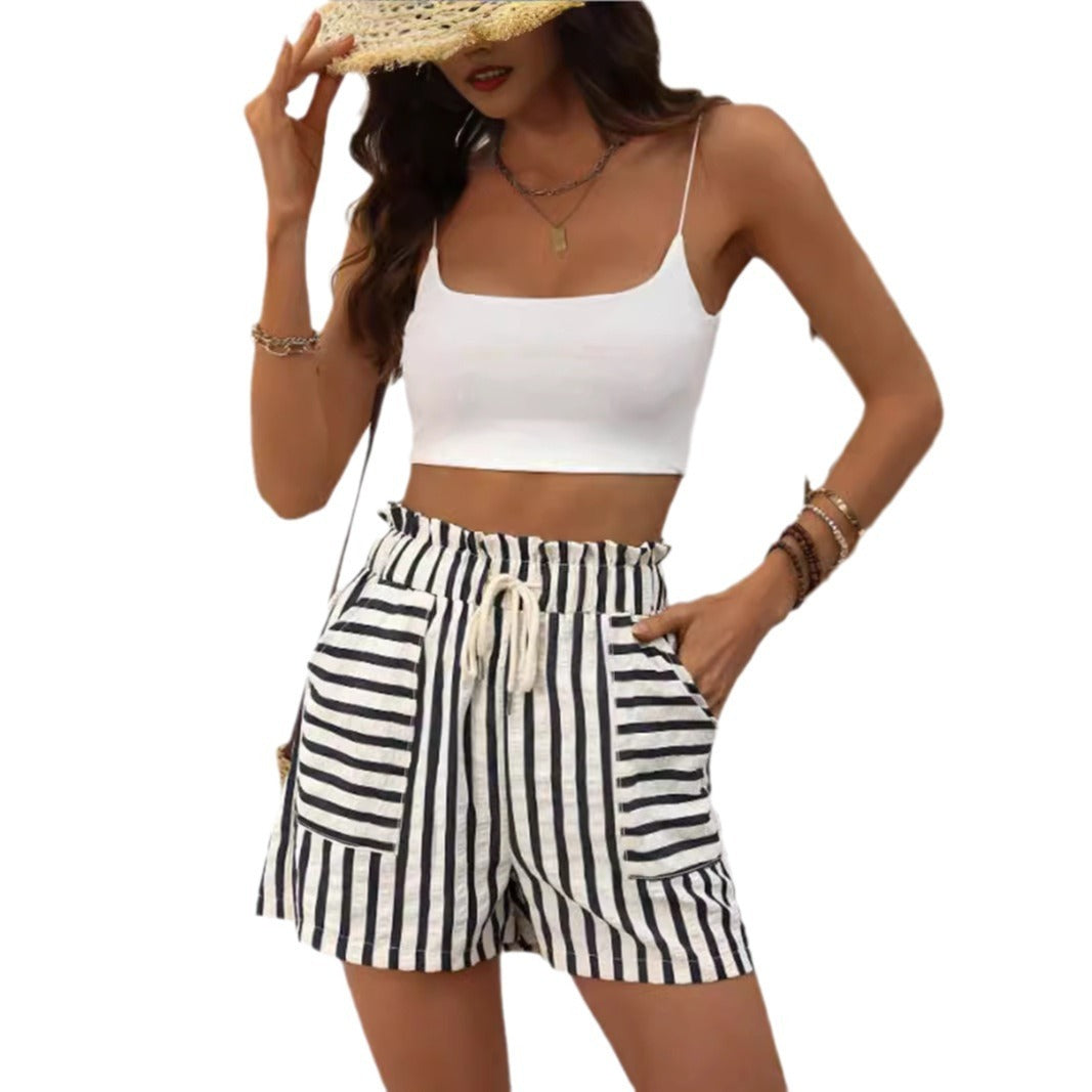 Women's Fashion Striped Casual Loose Elastic Belt Shorts