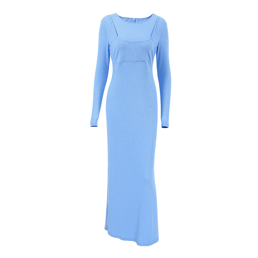 Knitted Round Neck Straight Split Dress