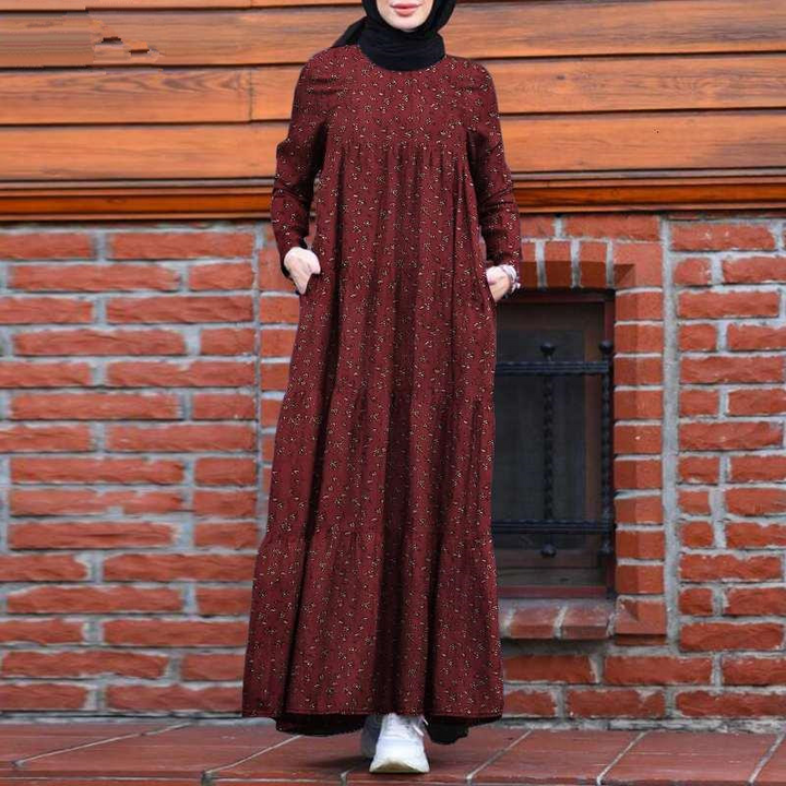 Women Vintage Plaid round Neck Kaftan Casual Long Sleeve Maxi Dresses with Pocket