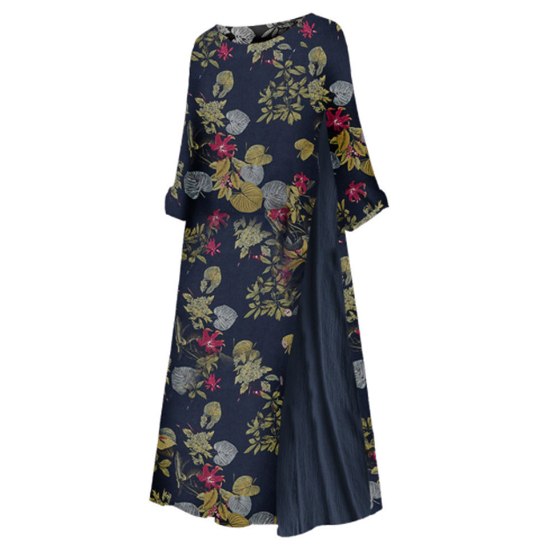 Women Floral Print O-Neck 3/4 Sleeve Casual Belted Maxi Dresses