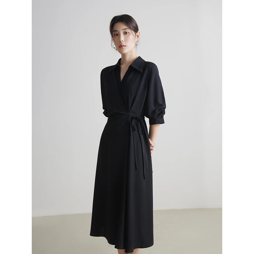 Elegant Women’s Drape Dress with Turn-down Collar