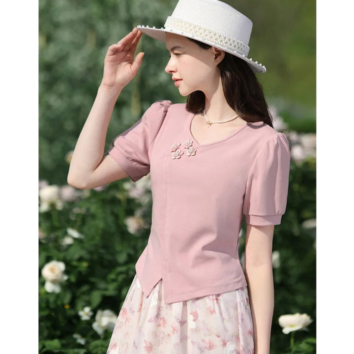 Elegant Chinese Style V-Neck Puff Sleeve T-Shirt