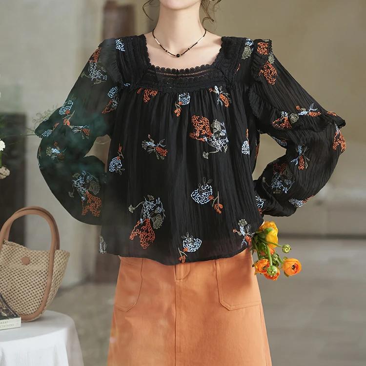 Korean Embroidered Dandelion Blouse with Lace Square Neck