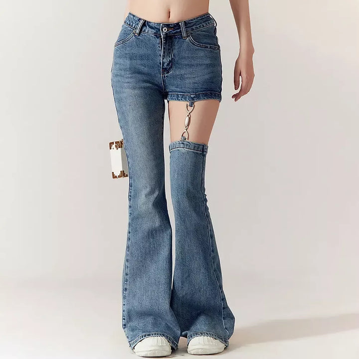 High Waist Hollow Out Chain Spliced Slim Flare Jeans