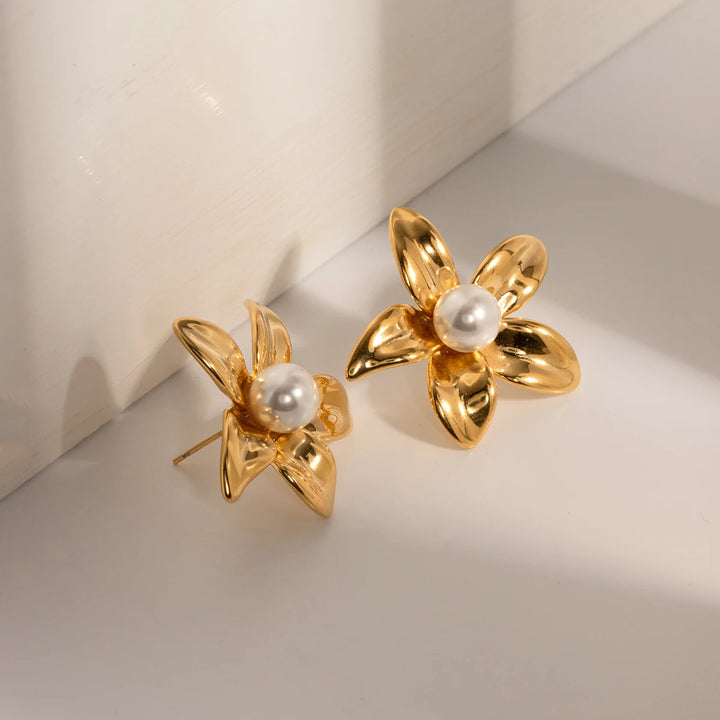 18K Gold Flower Shaped Stainless Steel Earrings with Pearl Inlay