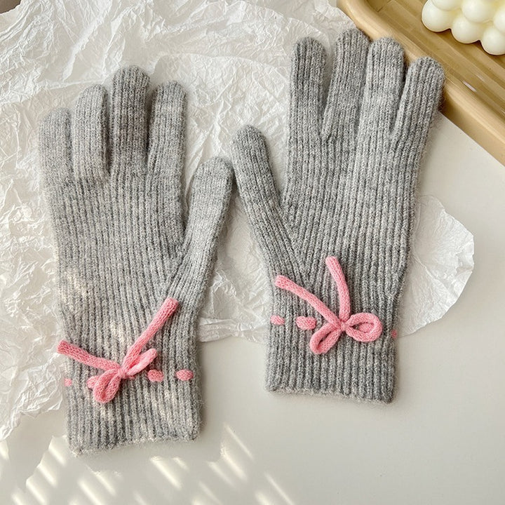 Autumn And Winter New Bow Pure Color Warm Keeping Finger Gloves