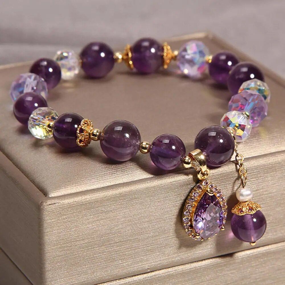 Enchanting Natural Amethyst and Water Drop Pendant Bracelet