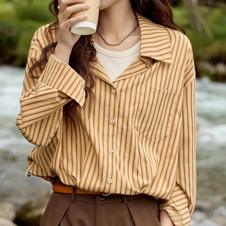 Asymmetric Stripe Lapel Collar Two-Piece Splicing Shirt