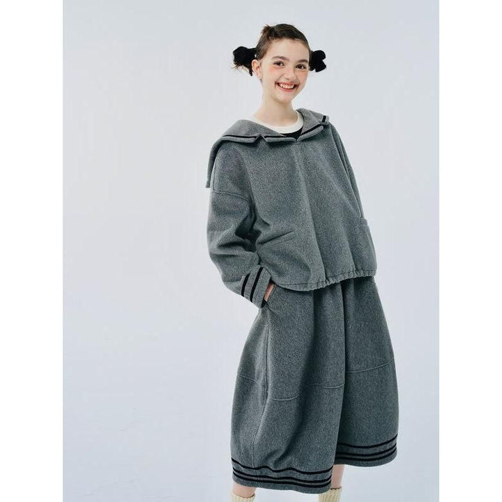 Women's Gray Navy Collar Woolen Pullover Coat