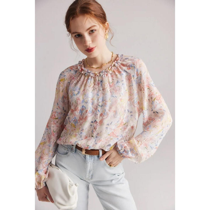 Floral Ruffle Silk-Blend Casual Blouse