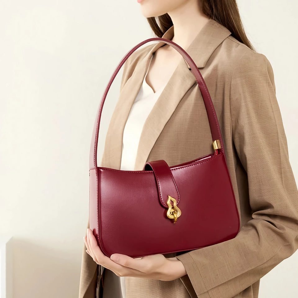 Luxury Wine Red Genuine Leather Half Moon Shoulder Bag for Women