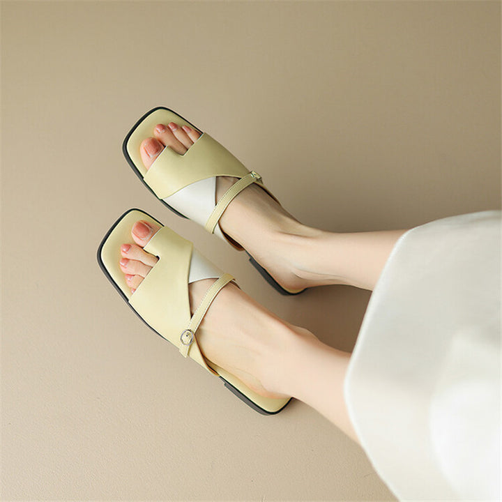 Summer Leather Slippers for Women - Low Heel Square Toe Mixed Color Shoes