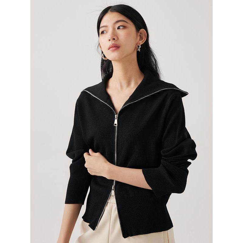 Black Silk-Cotton Blend Cardigan with Zipper